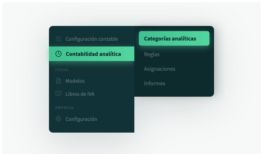 Menú lateral de AseDigital con el bloque CONTABILIDAD y la opción "Contabilidad analítica" resaltada en verde, mostrando el submenú con Categorías analíticas seleccionada, Reglas, Asignaciones e Informes.