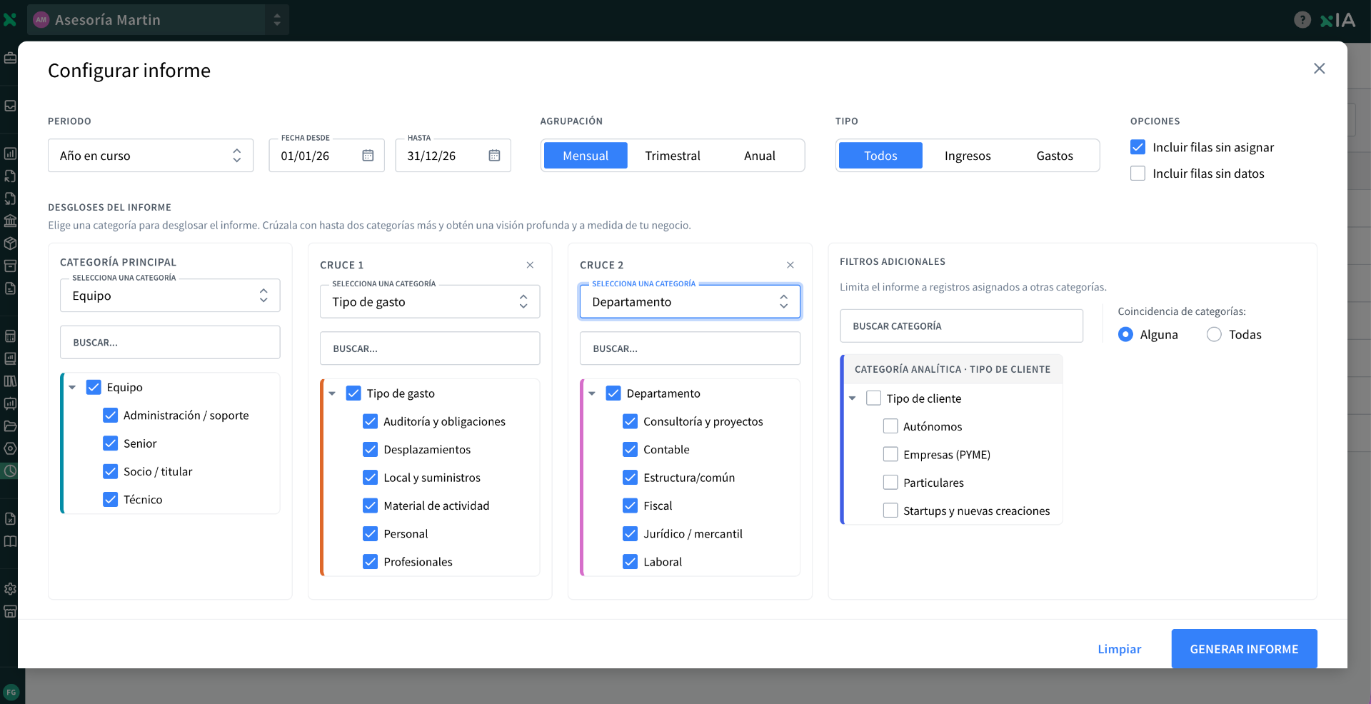 Configurar informe con desgloses: Categoría principal Equipo y cruces Tipo de gasto y Departamento