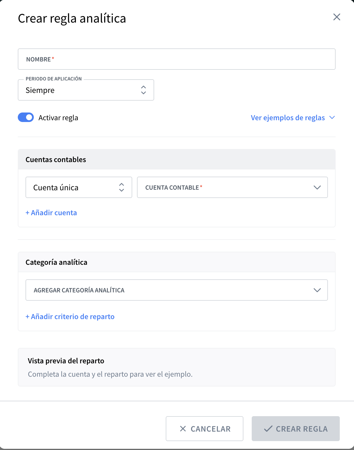 Ventana "Crear regla analítica" vacía con los campos Nombre, Periodo de aplicación (Siempre), interruptor Activar regla, secciones Cuentas contables y Categoría analítica sin rellenar, y los botones Cancelar y Crear regla.