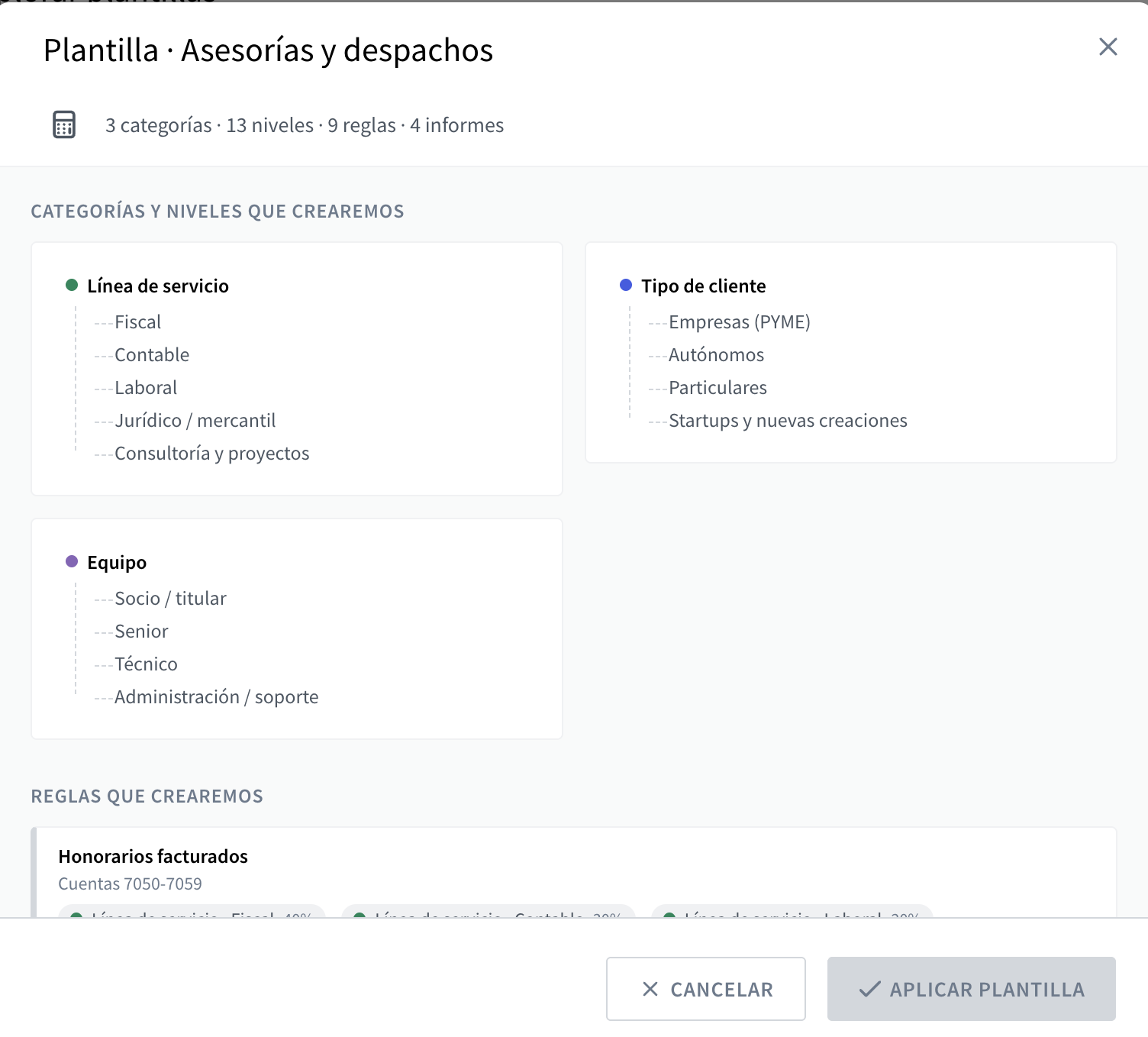 Detalle de la plantilla "Asesorías y despachos": 3 categorías (Línea de servicio, Tipo de cliente, Equipo) con sus niveles, y reglas que se crearán al aplicarla.