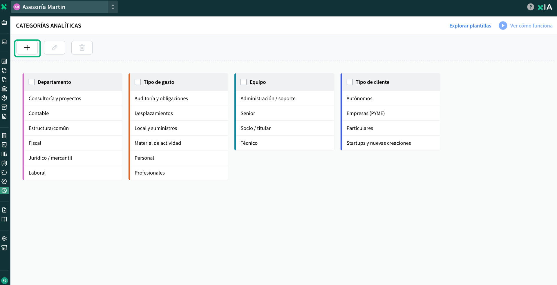 Pantalla "Categorías analíticas" en AseDigital con las cuatro categorías de ejemplo (Departamento, Tipo de gasto, Equipo y Tipo de cliente) y el botón "+" (arriba a la izquierda) resaltado en verde.