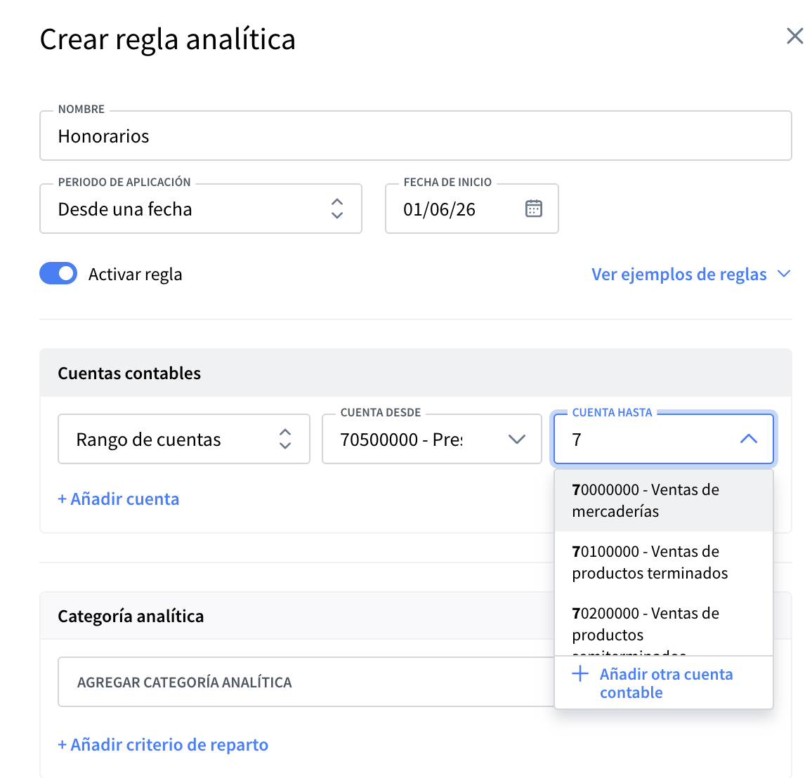 Ventana Crear regla analítica con el bloque "Cuentas contables" configurado como Rango de cuentas: Cuenta desde 70500000 y desplegable de Cuenta hasta abierto mostrando sugerencias 70000000 - Ventas de mercaderías, 70100000 - Ventas de productos terminados y 70200000 - Ventas de productos semiterminados, con la opción "+ Añadir otra cuenta contable".