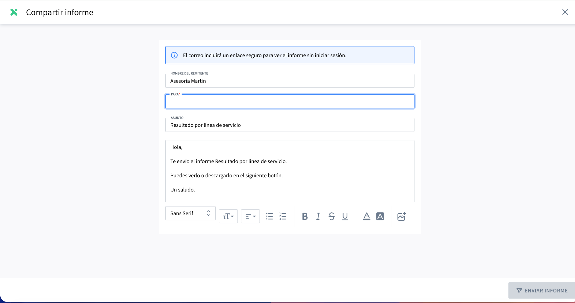 Ventana "Compartir informe" en AseDigital con el aviso "El correo incluirá un enlace seguro para ver el informe sin iniciar sesión" y los campos Nombre del remitente (Asesoría Martin), Para, Asunto (Resultado por línea de servicio) y un editor de texto con el mensaje del correo, además del botón Enviar informe abajo a la derecha.
